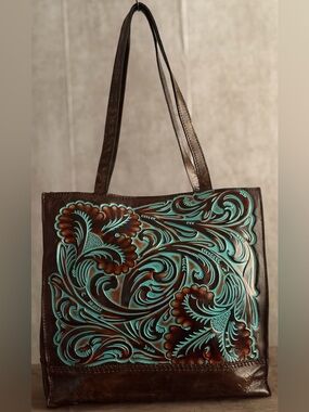 Patricia Nash Tooled Turquoise Collection Italian Tuscano Leather Tote Bag
